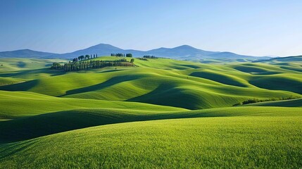 Obraz premium Rolling green fields panoramic view countryside landscape photography sunny environment wide angle perspective