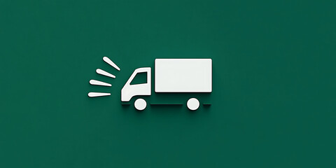 A simple white delivery truck icon on a green background. 
