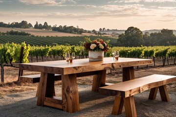 Bespoke Wooden Table Set Against a Beautiful Vineyard Landscape