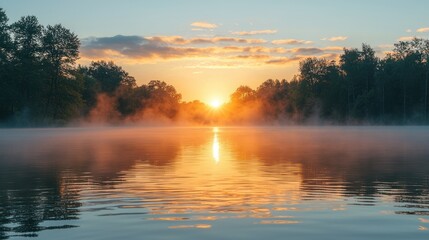 Obraz premium Golden Sunrise over Misty Lake