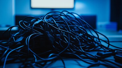 Tangled Data Cables on a Table
