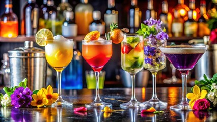 Colorful Cocktail Display with Fresh Garnishes and Elegant Glasses