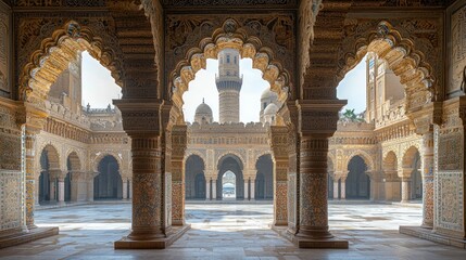 Fototapeta premium Majestic Grandeur: Architectural Marvel of the Hassan II Mosque Courtyard