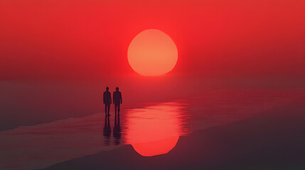 A couple silhouetted against a fiery sunset, walking hand-in-hand towards a tranquil ocean reflecting the crimson glow, a vibrant and serene moment.