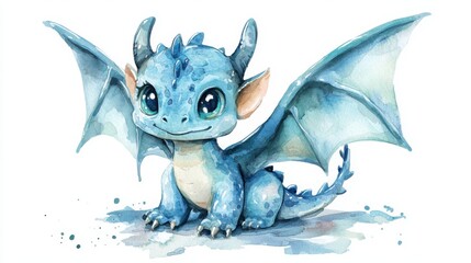 Obraz premium A cute, blue watercolor dragon with big eyes and wings, exuding charm and whimsy, perfect for fantasy art lovers.