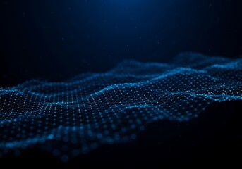 A mesmerizing digital ocean of interconnected nodes, flowing in rhythmic waves across a deep blue canvas with subtle glowing particles.