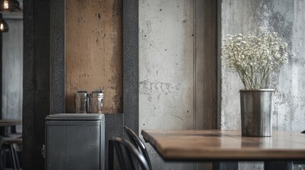 Rustic cafe interior with wooden table, metal chairs, concrete wall, and dried flowers in a metal vase.