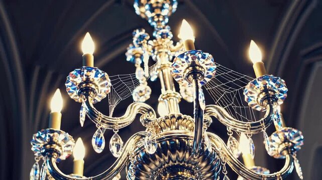 Spider web draped on illuminated gothic chandelier with ornate gold arms and glowing candle fixtures

