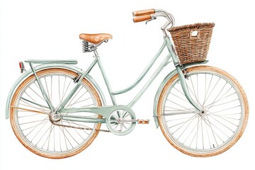 A stylish vintage bicycle with a wicker basket, featuring a soft blue frame and wooden accents, perfect for leisurely rides.