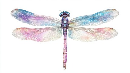 A colorful, artistic illustration of a dragonfly featuring intricate patterns and a vibrant blend of hues.
