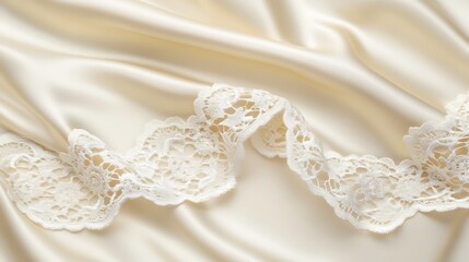 Elegant cream satin fabric with white lace trim