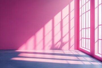 Obraz premium Sunlit Pink Interior: An interior space with a striking pink hue, bathed in the soft glow of sunlight streaming through a large window, creating shadows and light play