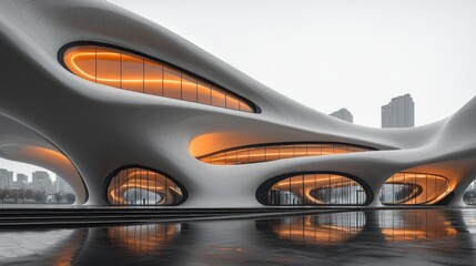 Naklejka premium Futuristic Architectural Marvel: A Modern Building's Graceful Curves and Warm Lighting