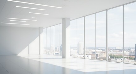 A bright, expansive office space overlooking a sprawling cityscape, bathed in sunlight streaming through floor-to-ceiling windows.