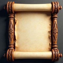 Decorative wooden frame holding a rolled scroll with intricate carvings and patterns, carved wooden, ornate carvings
