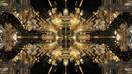 A complex digital circuit design with a symmetrical golden appearance