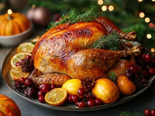 Roasted Turkey Feast: A succulent roasted turkey, garnished with fresh herbs and vibrant fruits, sits in the center of a beautifully decorated table, promising a delightful holiday meal