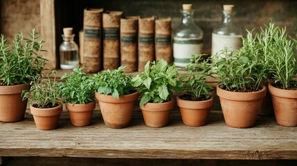 Herbal apothecary table display home interior gigapixel plants cozy environment warm viewpoint
