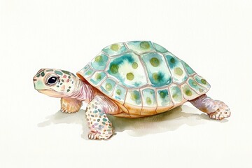 Fototapeta premium A colorful watercolor illustration of a turtle, showcasing its unique shell patterns and textures in a serene, artistic style.