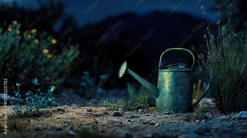Aufkleber rustic metal watering can sits in a garden at twilight.