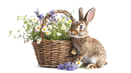A rabbit is sitting in a basket of flowers