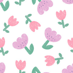 Spring hand drawn seamless pattern with tulips, chalk texture