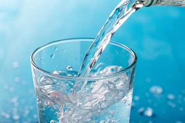 Refreshing Hydration: Pure water cascading into a glass against a vibrant blue backdrop.