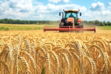 Fototapeta premium A tractor harvesting wheat in a golden field under a bright blue sky with fluffy clouds, showcasing agricultural activity and rural landscape.
