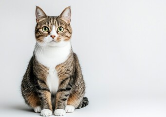 Obraz premium Sitting Tabby Cat Portrait with Green Eyes on a White Background