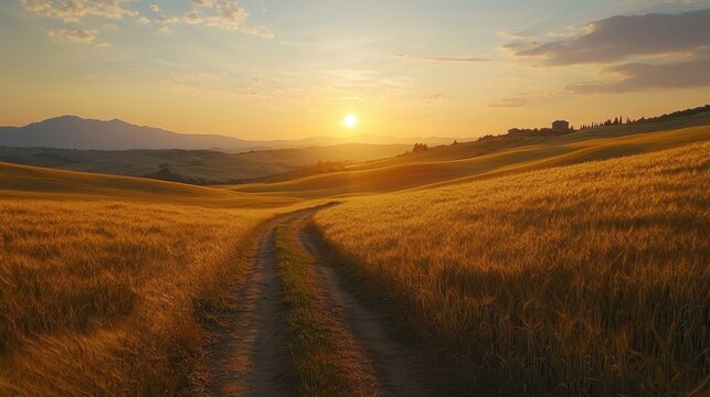 A serene sunset over golden fields, with a winding dirt path leading through the landscape and gentle hills in the background. - Powered by Adobe