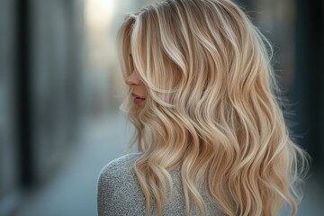 Naklejka premium Blonde Waves: Capturing the essence of chic simplicity, this image showcases a woman with long, flowing, golden blonde hair cascading down her shoulders. The soft waves, sunlight.