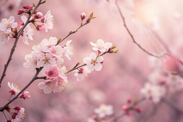 Fototapeta premium Delicate blush pink cherry blossoms blooming in springtime, a gentle breeze softly swaying the branches, bathed in soft light.