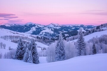 Fototapeta premium A serene winter landscape featuring snow-covered mountains and frosted trees under a pastel sky at dusk.