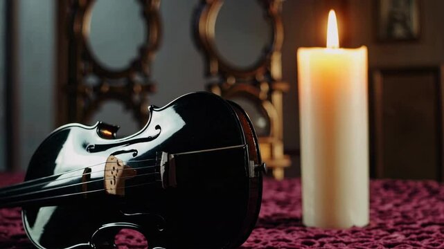 Broken violin leaning against candle on red fabric in vintage candlelit room with gold frame decor

