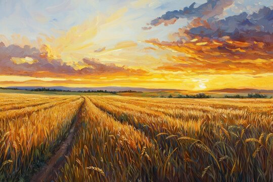 A vibrant sunset over a golden wheat field, with dramatic clouds and a peaceful pathway leading into the horizon.
