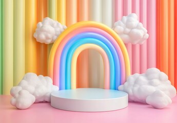 Fototapeta premium Colorful Rainbow Arch with Clouds on Pastel Background for Kids