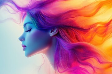 Fototapeta premium Vibrant Aura: A serene profile of a person with flowing hair bursting with a rainbow of colors. This illustration evokes a sense of dreams and emotions.