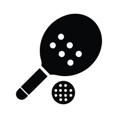 Simple black and white paddle tennis racket and ball graphic.