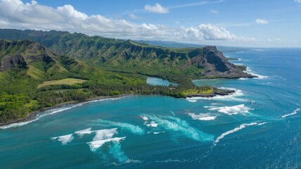 Obraz premium Aerial View of Tropical Beach with Turquoise Ocean Waves – Paradise Vacation Destination