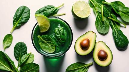 Healthy green detox water or smoothie with cucumber, lime, avocado and spinach leaves, flatlay arrangement. Concept of wellness