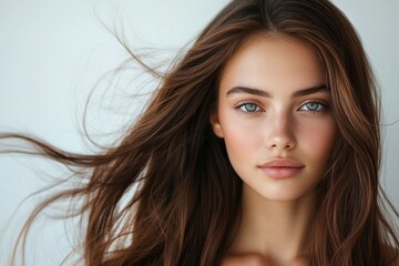 Radiant Beauty: A portrait capturing the natural beauty of a young woman with flowing hair, captivating eyes, and flawless skin.