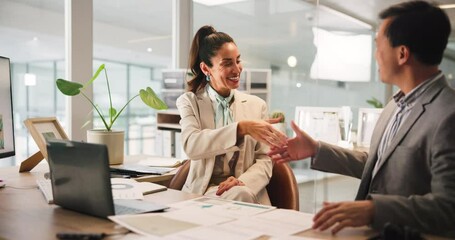Shaking hands, interview and businesswoman with candidate in office for recruitment process. Meeting, onboarding and man applicant with HR manager for job offer handshake for hiring opportunity.