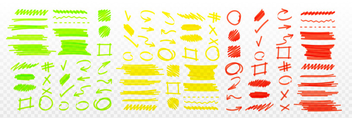 Highlight marker strokes set - hand drawn green, yellow and red lines, shapes and symbols. Sketchy graphic design elements - rectangles and circles, underlines and arrows, crosses and checkmarks.
