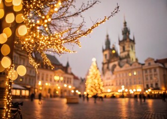 A magical Christmas Eve in Prague's Old Town Square, twinkling lights adorning a tree and buildings, creating a warm, festive atmosphere with a soft focus and golden glow.
