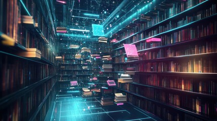 A futuristic library filled with books and floating digital elements