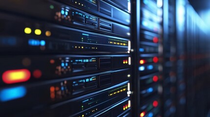 Fototapeta premium High-Tech Server Room with Colorful LED Lights and Network Equipment