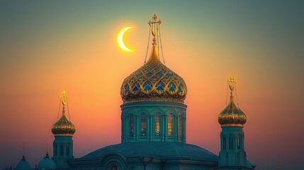 Obraz premium Crescent Moon Over the Golden Domes of a Russian Orthodox Cathedral