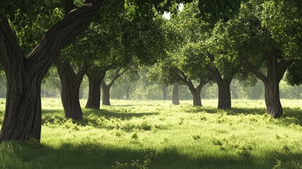 Trees are growing in a lush green meadow with sunlight