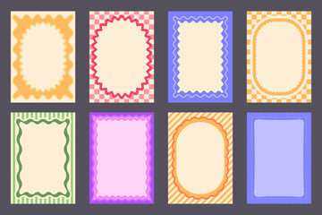 Retro set of frames with wavy edges isolated on black background. Vector cartoon illustration of scallop borders with color striped, checkered, doodle art design for rectangle and oval shape posters