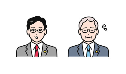 困っているバッジをつけたスーツのミドル・シニア男性のシンプルなベクターイラストセット